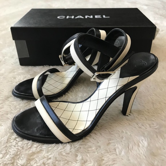 CHANEL Shoes - Chanel Sandal Heels Black White Stripe w/ Box 35.5